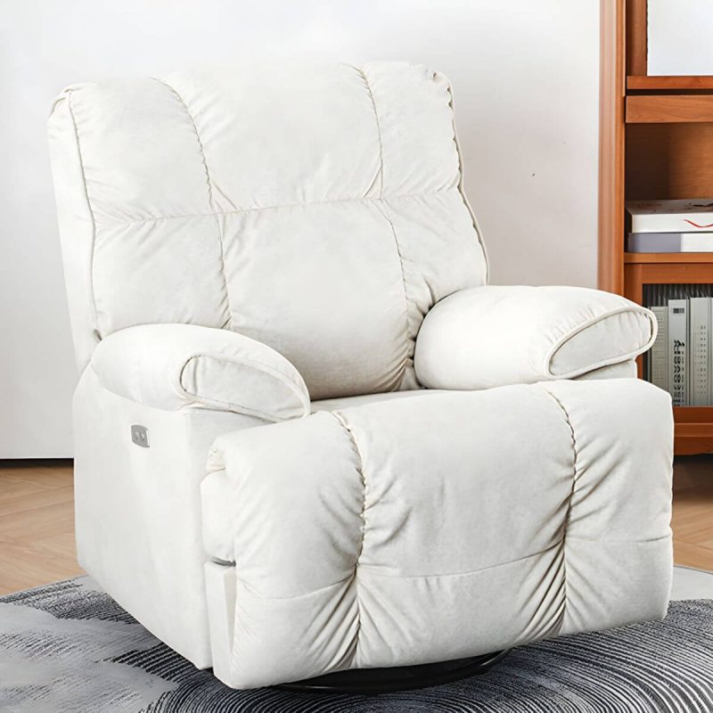 "Scandinavian Upholstery Chair Velvet Standard Recliner with Independent Foot - White Swivel Power - Push Button"