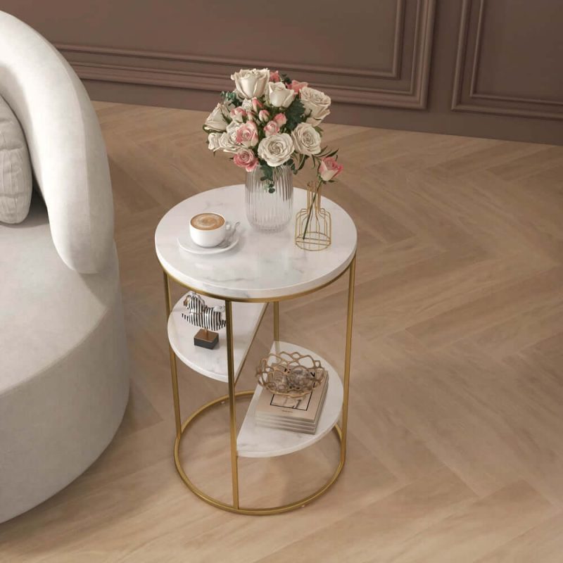 "3-Tiered White & Gold End Table with Shelf Sintered Stone Top & Metal Frame Side Table"