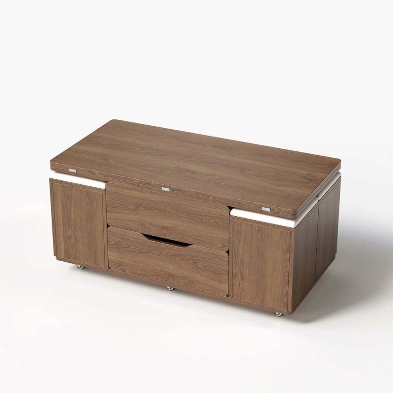 "39" Lift-Top Foldable Walnut Coffee Table with 4 Stools & Storage"