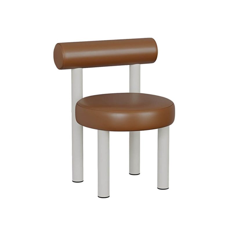 "Solid Color Upholstered Vanity Stool with Tall Back and Metal Legs in Modern Design - Dark Camel Anti Cat Scratch Leather"