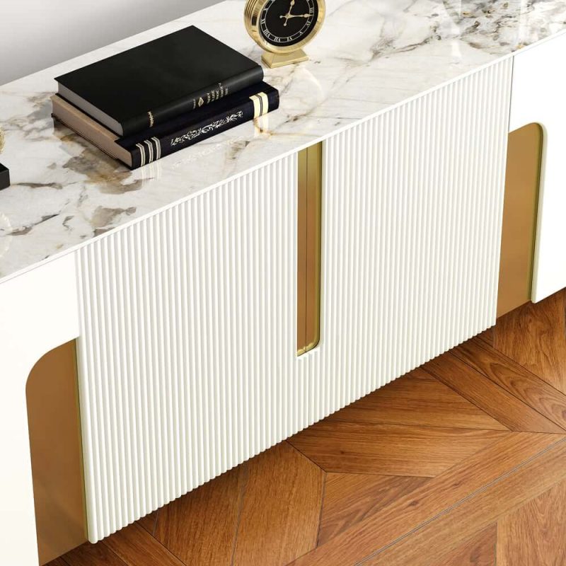 "Artus Modern Beige TV Stand Stone Top 4 Doors with Storage Media Console TVs up to 85""
