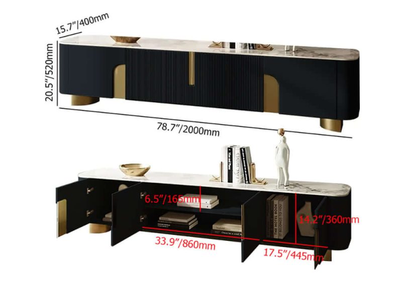 "Dimension of Artus Modern Black TV Stand Stone Top 4 Doors with Storage Media Console TVs up to 85""