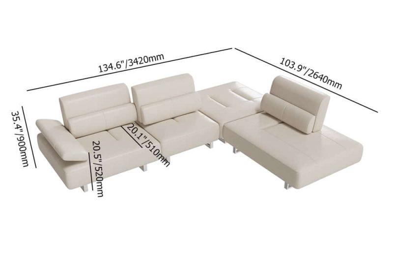 "Dimension of 134.6" White Leather Lounge Deep Seat Sectional Sofa with Adjustable Armrest & Backrest"