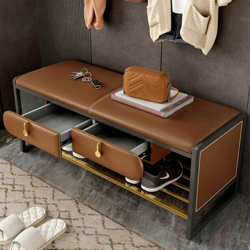 "Glam Faux Leather Rectangle Ottoman with Storage - Black Legs - 59"L x 16"W x 18"H Orange"