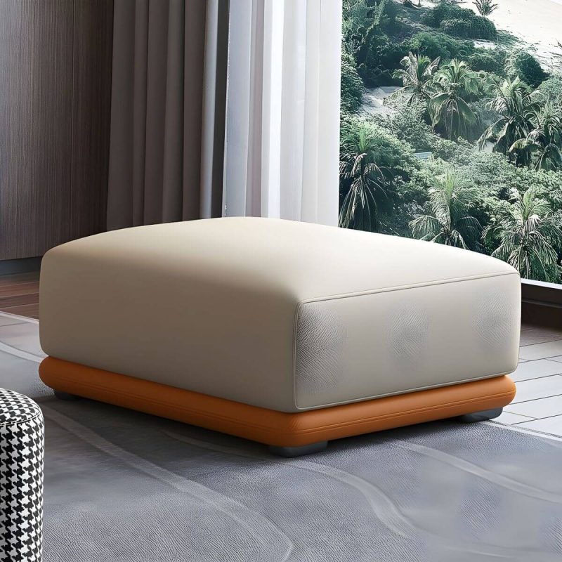 "Genuine Leather Foot Stool in Solid Wood Contemporary Style Indoor - 1 Piece Off-White-Orange 24"L x 24"W x 16"H"