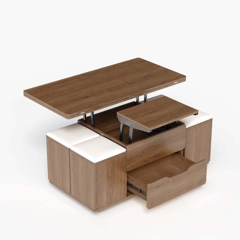 "39" Lift-Top Foldable Walnut Coffee Table with 4 Stools & Storage"