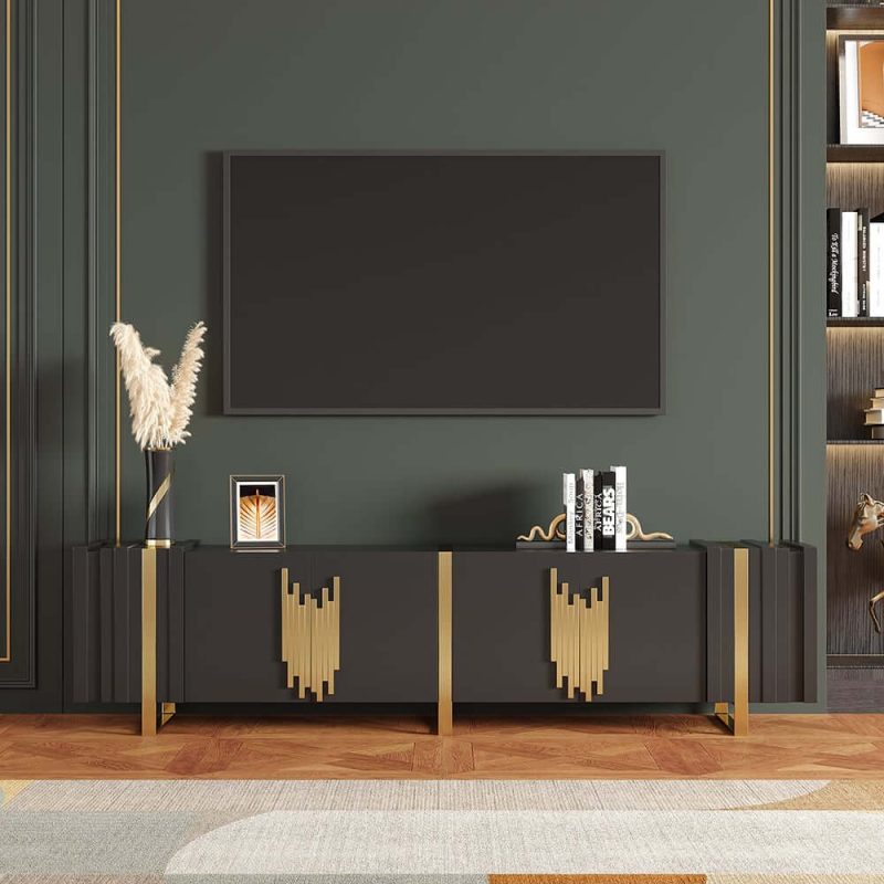 "Aurea 78.7" Light Luxury TV Stand Black Rectangular with 4 Doors & 2 Shelves in Gold"