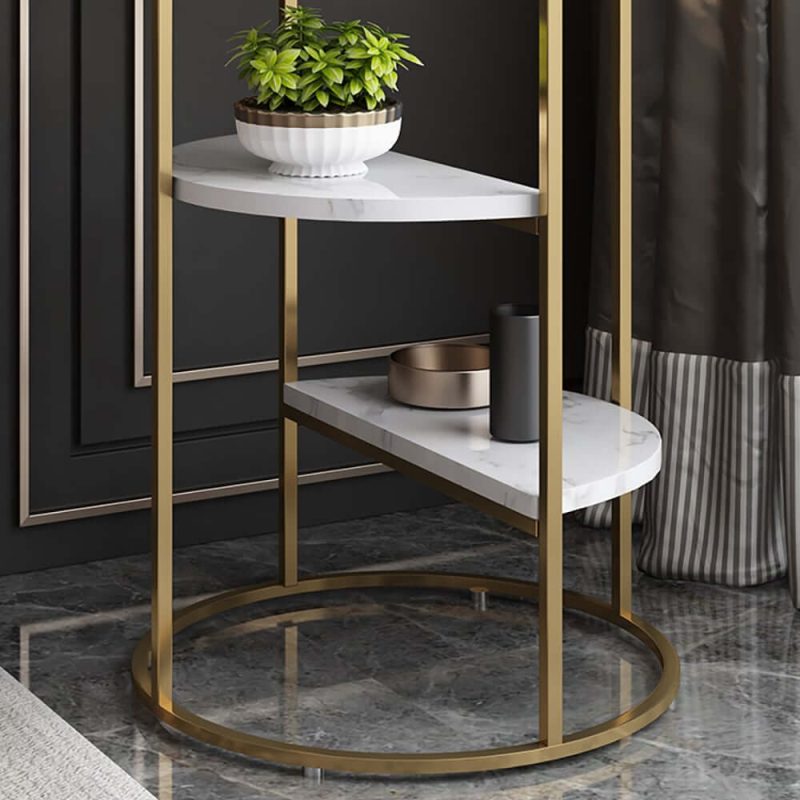 "3-Tiered White & Gold End Table with Shelf Sintered Stone Top & Metal Frame Side Table"