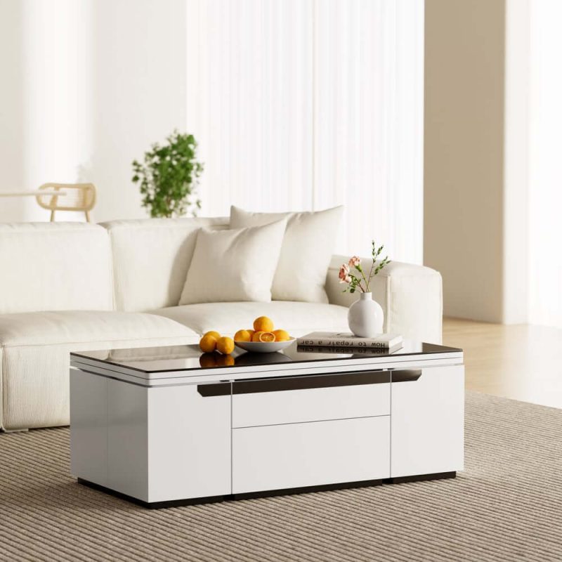 "Modern White Lift Top Glass Coffee Table with Drawers & Storage Multifunction Table"