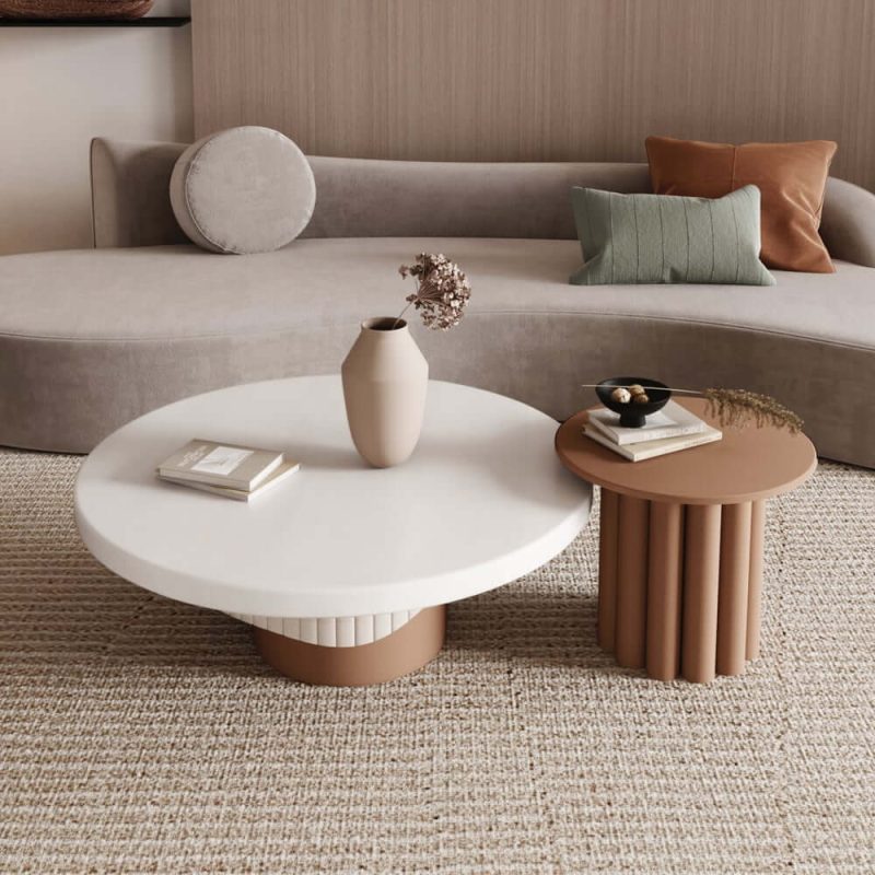 "Yarnic 2-Piece Round Wood Coffee Table Set with Fluted Base in White & Walnut"