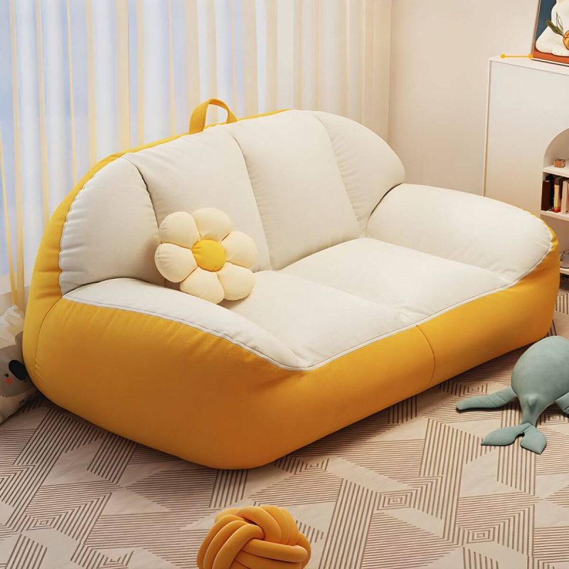 "Large White Linen Bean Bag Sofa Pre-Filled with Expanded Polystyrene Beans for Comfortable Seating - White-Yellow"