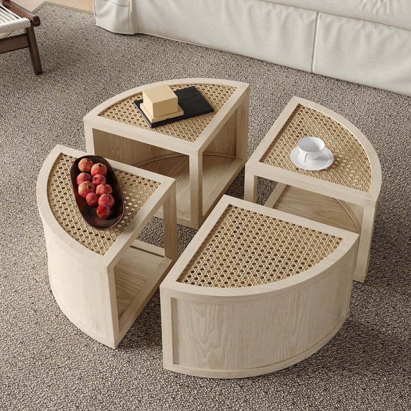 "Round to Square Block Modular Coffee Table White Oak Rattan with Storage 4 Piece"