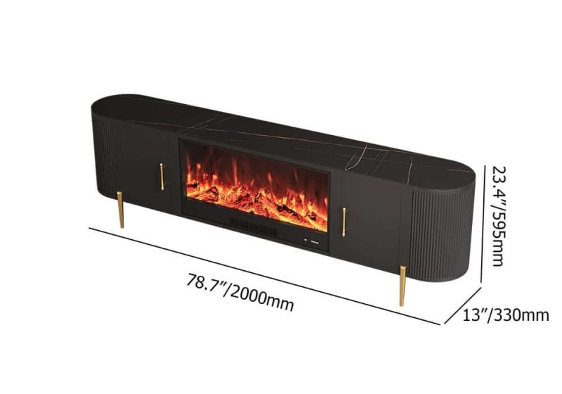 "Dimension of 78.7" Modern Black Electric Fireplace TV Stand Sintered Stone Top with Remote Control"