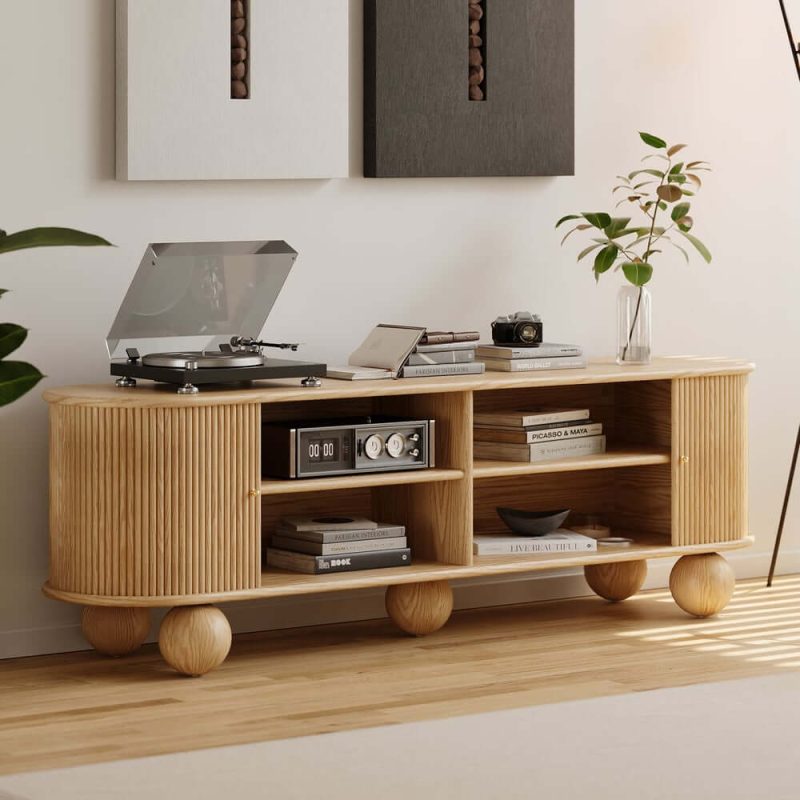 "Stria 47" Oval Natural Solid Wood Fluted Coffee Table with Storage 71" Ash Wood TV Stand"