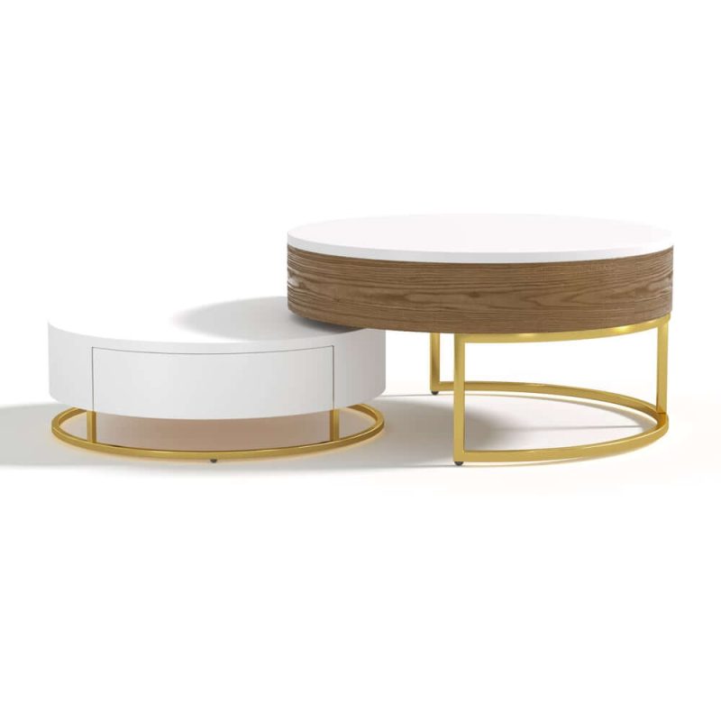 "Round 2-Piece Nesting Set Lift-Top Coffee Table and Wooden Coffee Table with 2 Drawers"