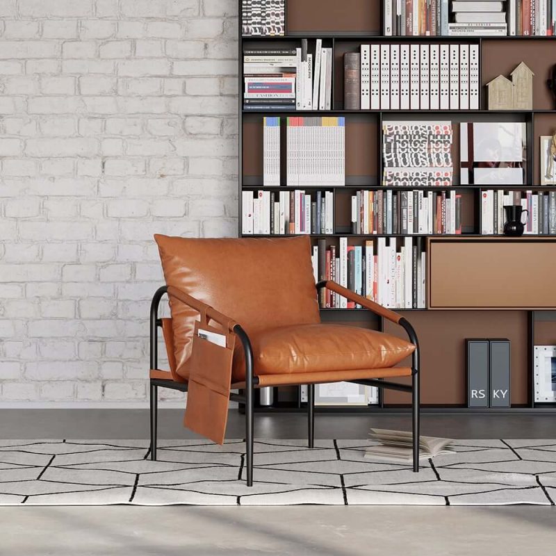 "Brown Leather Accent Chair with Metal Frame"