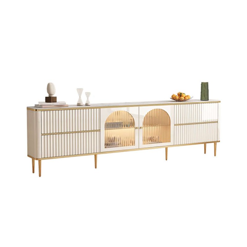 "80" White Glass Door Fluted Stone TV Stand Wood Media Cabinet for 85" TV with Drawers"