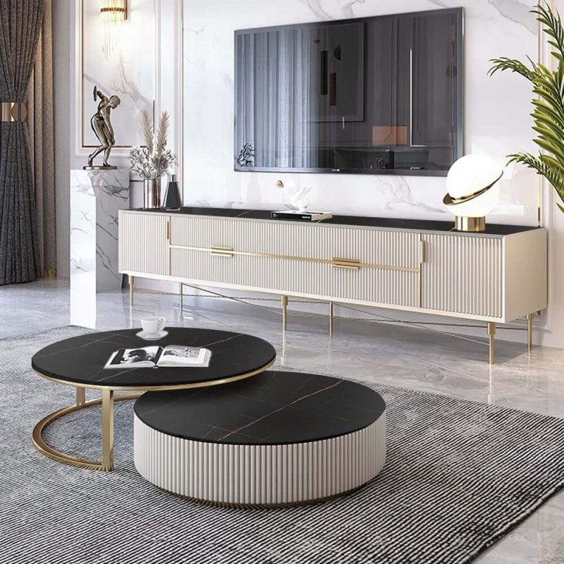 "Set of 2 Round Sintered Stone Top Nesting Coffee Table with Drawer Black & Gold"