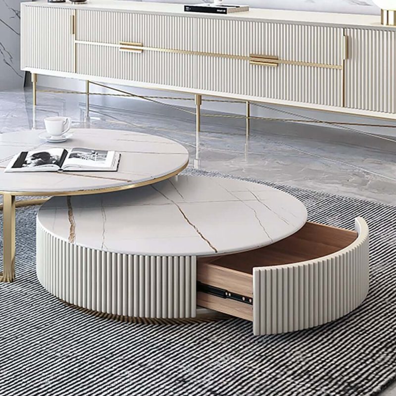 "Round 2-Piece Nesting Set Sintered Stone Top Beige Coffee Table with Drawer"
