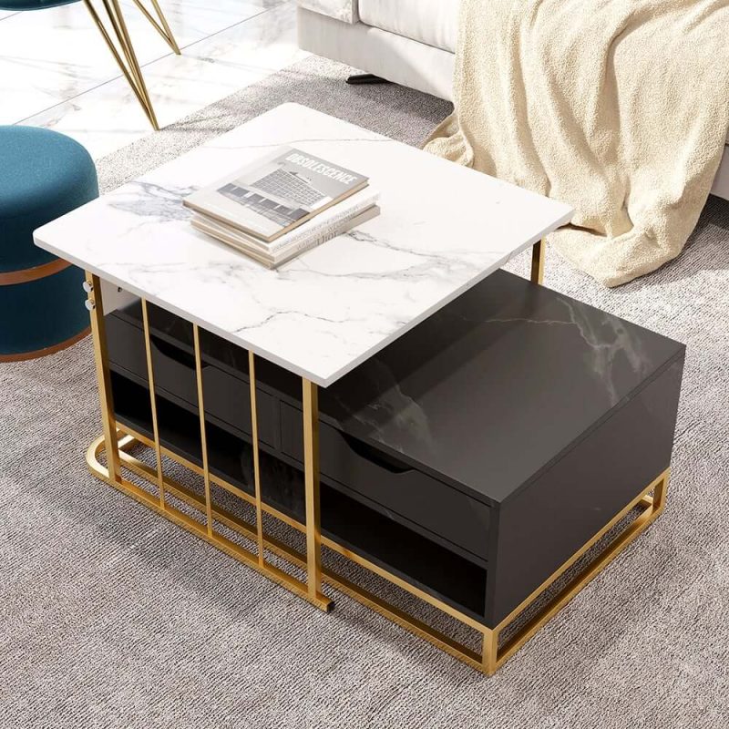 "Modern Wood Nesting Coffee Table Set of 2 with Drawers & Shelves in Black & White"