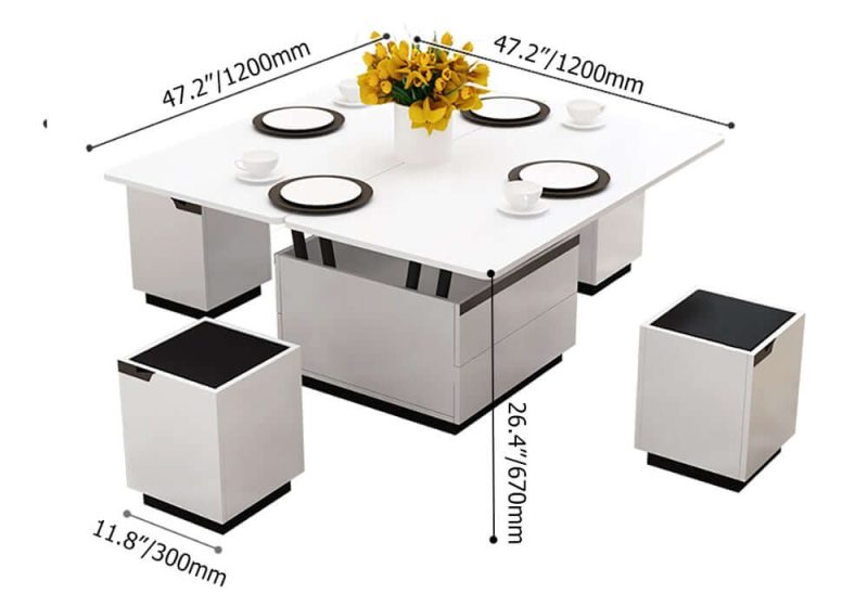 "Dimension of Modern White Lift Top Glass Coffee Table with Drawers & Storage Multifunction Table"