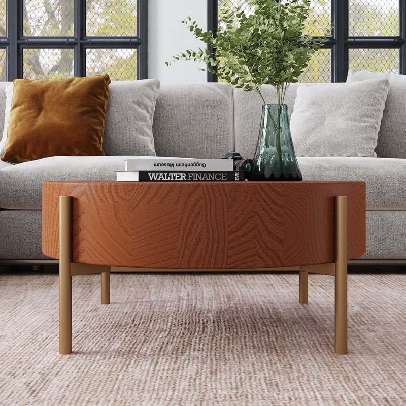 "Rustic Round Coffee Table with Solid Wood Tabletop Metal Legs"