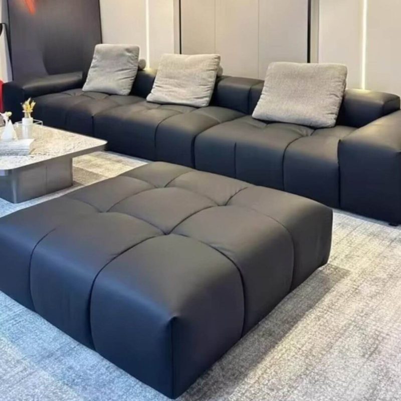 "Minimalist Solid Color Square Standard Ottoman in Midnight Black with Lumber Frame and Button-tufted Detail, 43"L x 43"W x 16"H"
