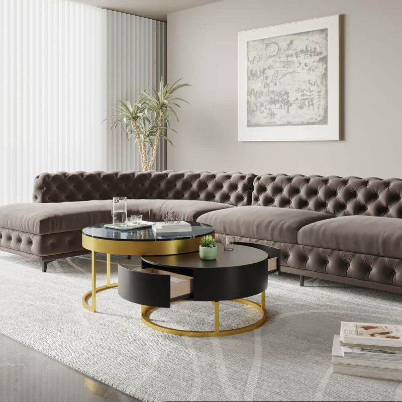 "Nesnesis Modern Black Round Marble Veneer Nesting Wood Coffee Table with Storage"