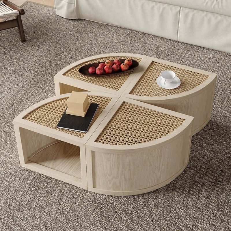 "Round to Square Block Modular Coffee Table White Oak Rattan with Storage 4 Piece"