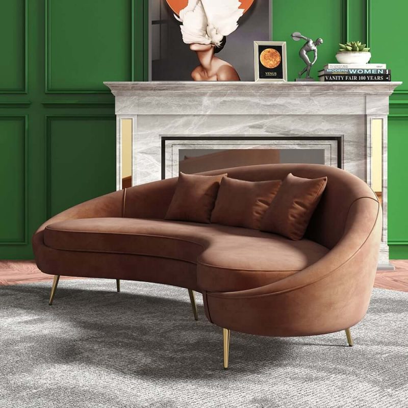 "Modern 83" Brown Velvet Curved Sofa 3-Seater Sofa Gold Legs Toss Pillow Included"
