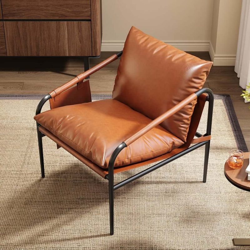 "Brown Leather Accent Chair with Metal Frame"