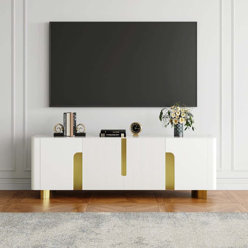 "Artus Modern Beige TV Stand Stone Top 4 Doors with Storage Media Console TVs up to 85""