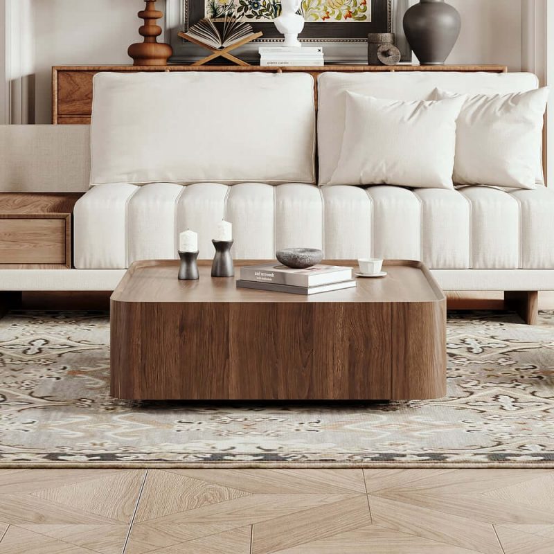 "35" Square Walnut Mid Century Coffee Table with Storage"