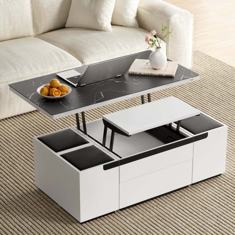 "Modern White Lift Top Marble Coffee Table with Drawers & Storage Multifunction Table"