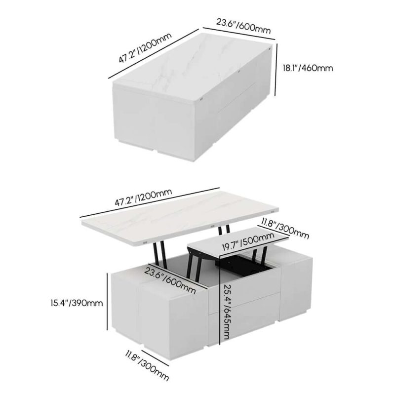 "Dimension of Modern White Lift Top Marble Coffee Table with Drawers & Storage Multifunction Table"