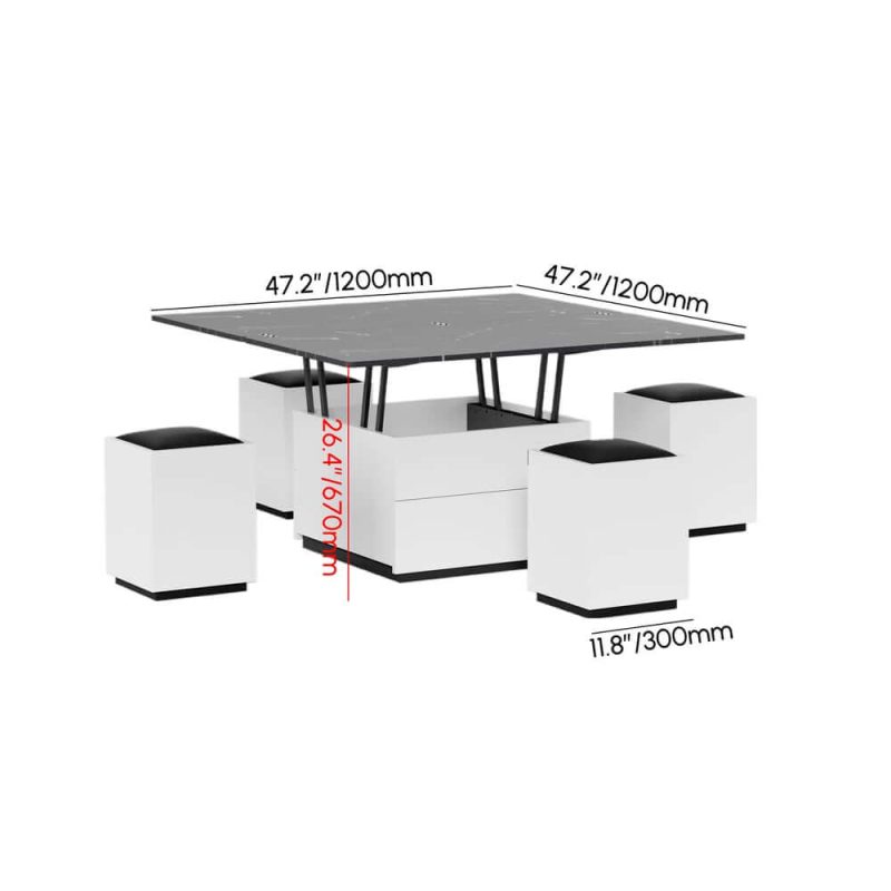"Dimension of Modern White Lift Top Marble Coffee Table with Drawers & Storage Multifunction Table"
