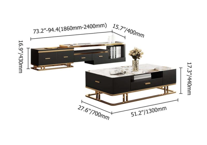 "Dimension of Stonesk Modern TV Stand & Coffee Table Set for 100" TV in Black with Drawers"