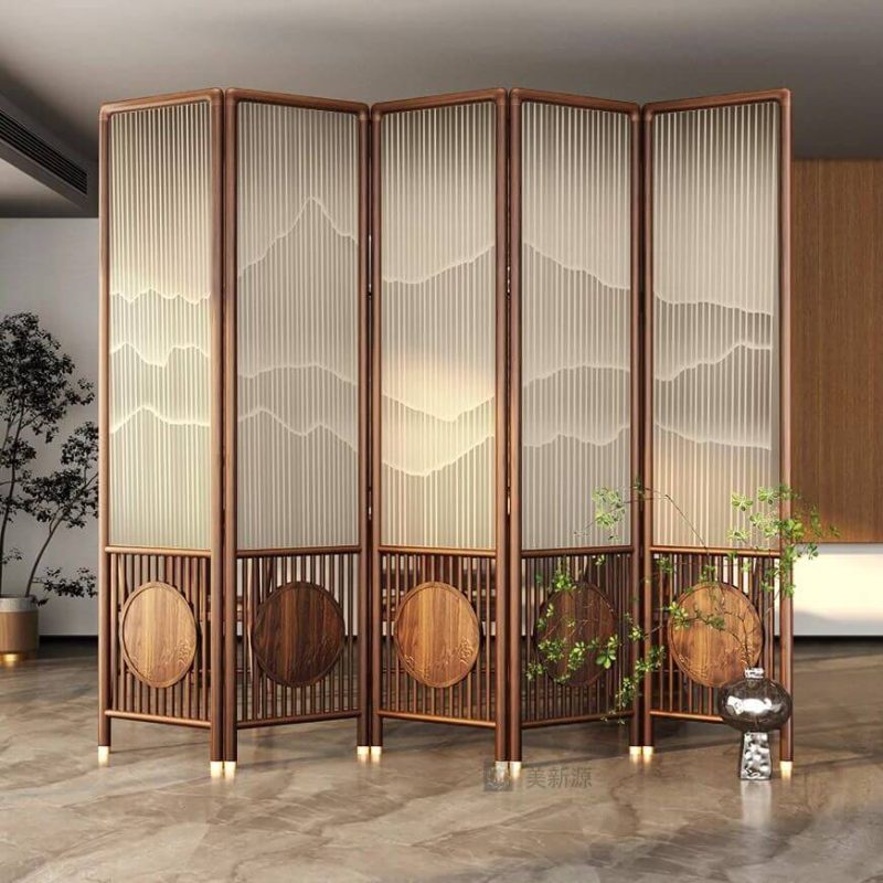 "Victorian Natural Wood Cocoa Opaque Fold-up Room Screen with 5 Panels and Double Sided Print"