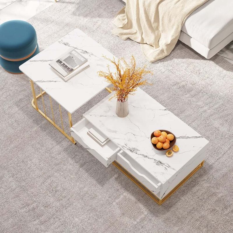 "Rectangle 2-Piece Nesting Set White Coffee Table with Metal Base and Storage"