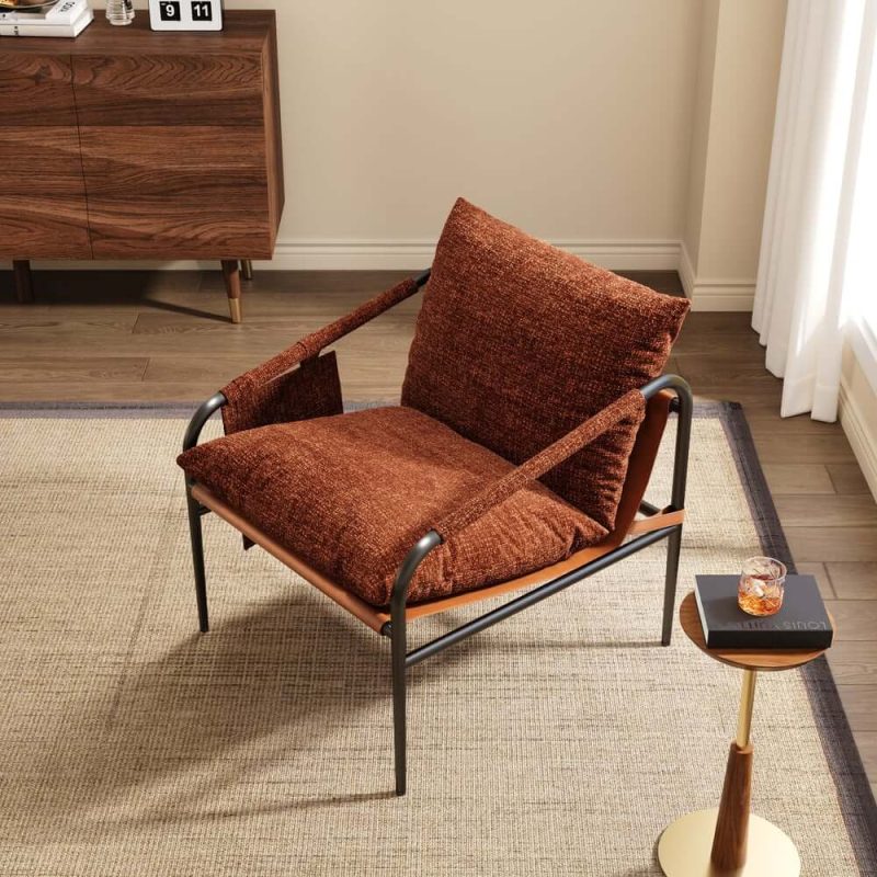 "Brown Chenille Accent Chair with Metal Frame"