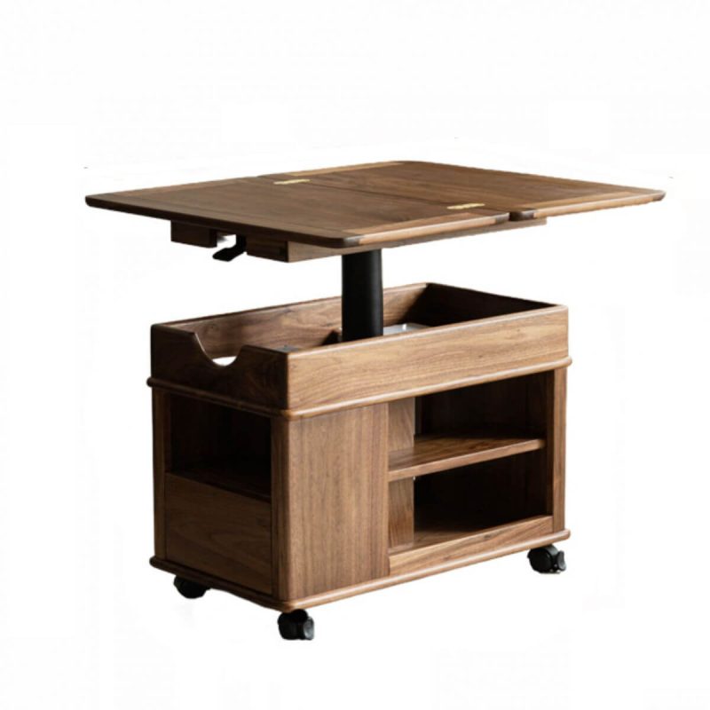"Adjustable Height Walnut Chairside Table with Rotatable Swivel Wheels and Trunk Storage - 27.5"L x 16"W x 22"H"