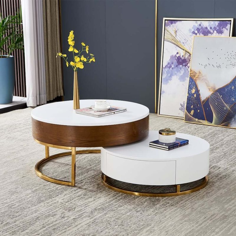 "Round 2-Piece Nesting Set Lift-Top Coffee Table and Wooden Coffee Table with 2 Drawers"