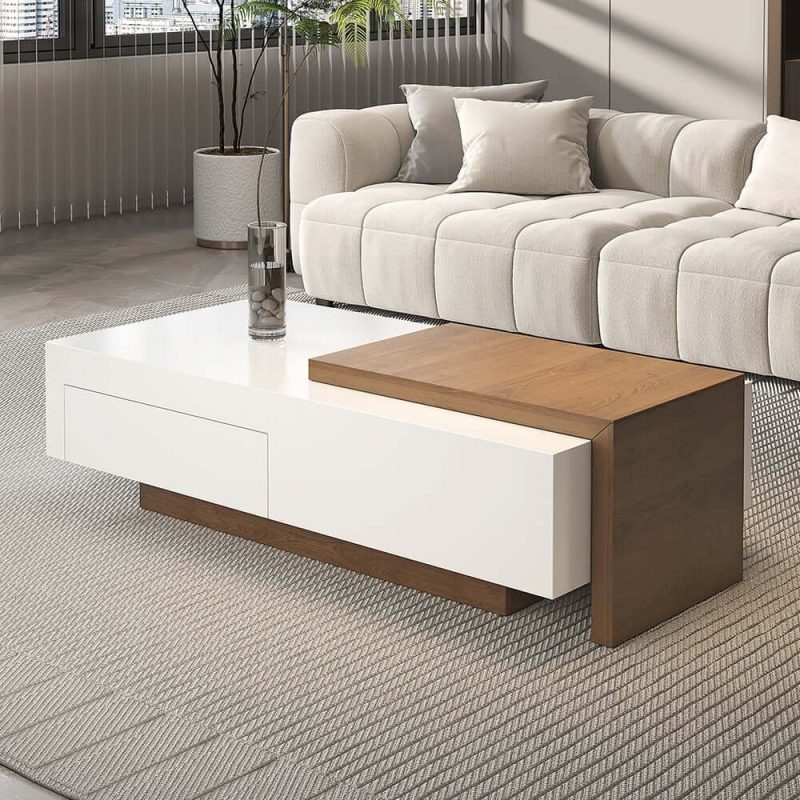 "White & Walnut Extendable Rectangle Coffee Table with Drawer & Sliding Storage"