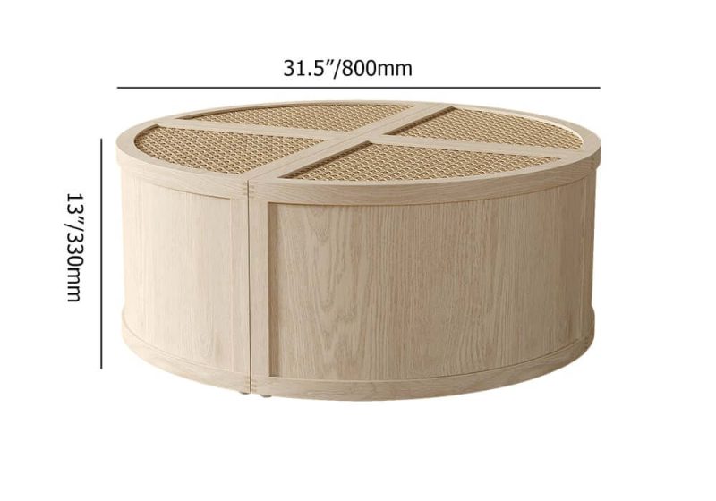 "Dimension of Round to Square Block Modular Coffee Table White Oak Rattan with Storage 4 Piece"
