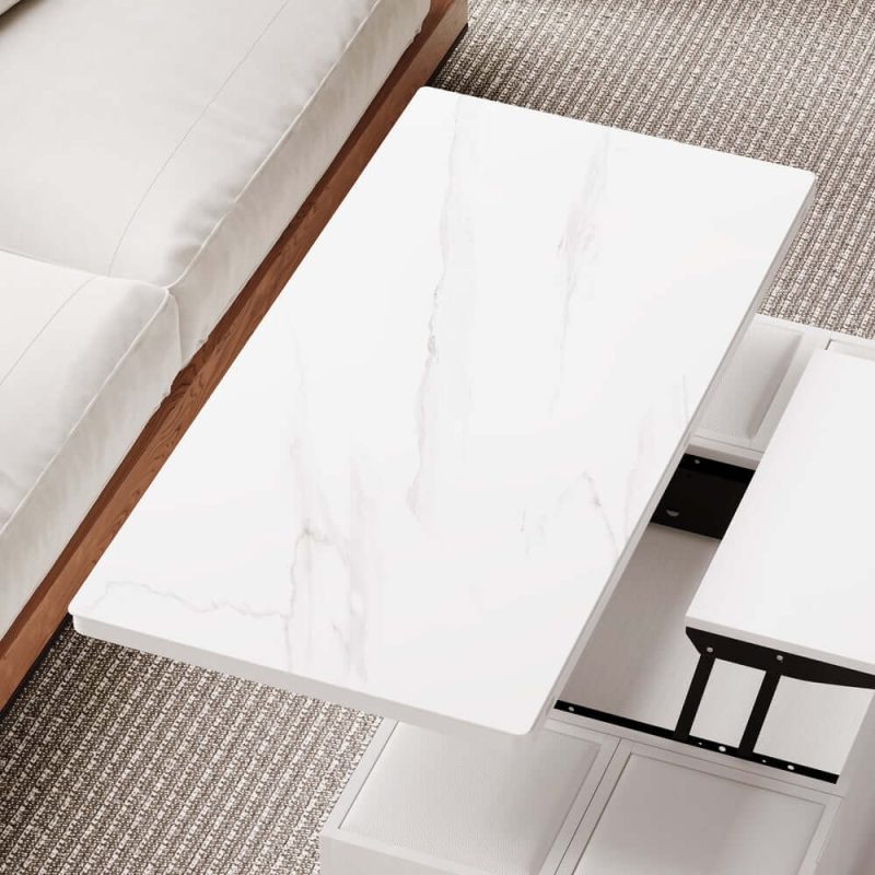 "Modern White Lift Top Marble Coffee Table with Drawers & Storage Multifunction Table"