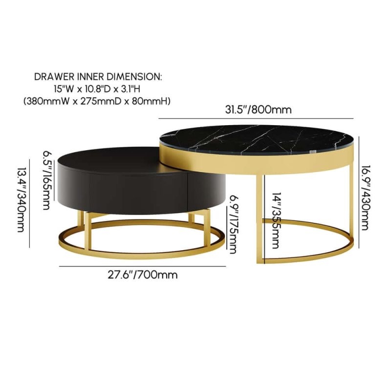 "Dimension of Nesnesis Modern Black Round Marble Veneer Nesting Wood Coffee Table with Storage"