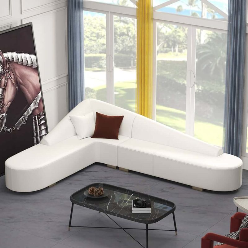"White Modern L-Shaped Corner Sectional Sofa for Living Room Faux Leather Upholstery"