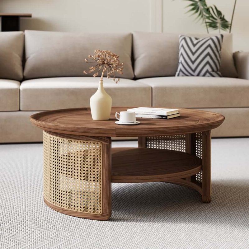 "2-Tiered Japandi Round  Walnut Wood Coffee Table with Storage Rattan Base"