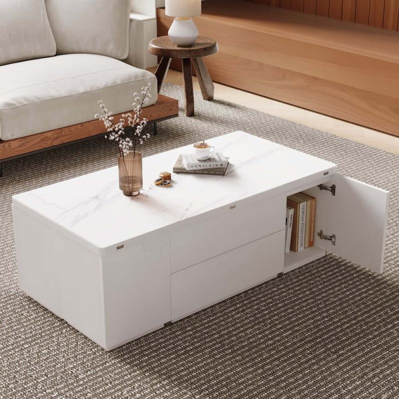 "Modern White Lift Top Marble Coffee Table with Drawers & Storage Multifunction Table"