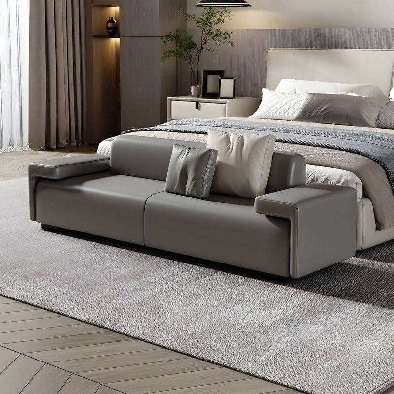 "Modern Solid Color Leather Upholstered Bedroom Bench with Arms - 71"L x 18"W x 22"H Grey With Back"